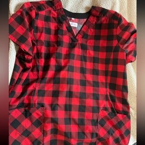NWOT White Cross Red & Black Plaid V-Neck Short-sleeve Scrub Top Size 2XL